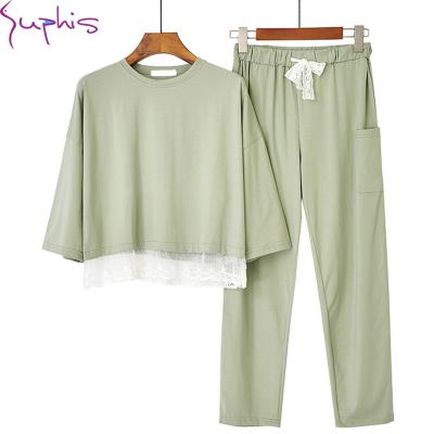 China SUPHIS Breathable Breathable 2 Pieces Sets Loose Breathable Women Sleepwear Spring Cotton Sleepwear Three Quarter Sleeve Lace Lounge Pajamas for sale