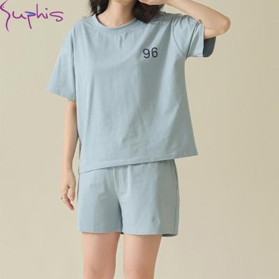 China SUPHIS Breathable 2 Pieces Women Sleepwear Women Loungewear Breathable Fits Pajamas Short Cotton Print Round Neck Set 2022 New for sale