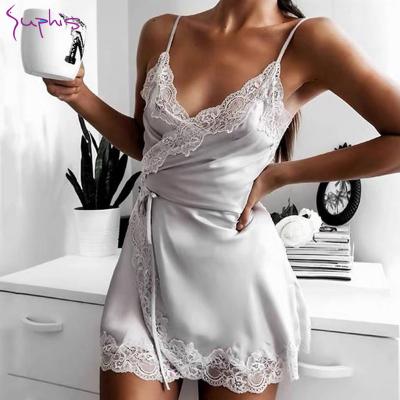 China SUPHIS S-3XL Breathable Brake Bride Silk Nightgown Homewear Lace Up Cup V-neck Nightgowns Women Satin Lingerie Ladies Sexy Sleepwear New for sale