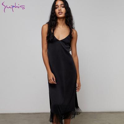 China 2022 SUPHIS Breathable Solid Female Elegant Long Robe Split Satin Nightgowns Women Sexy Spaghetti Strap V-neckline Dresses Tassel Nightgown for sale