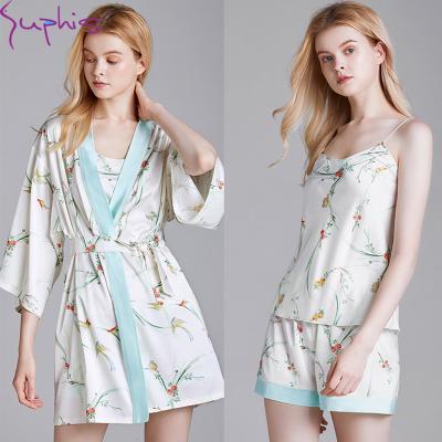 China SUPHIS Floral Print Homewear Breathable Satin Causal Camisole Tops V-Neck Breathable Soft Sleepwear Shorts Suit Sexy Women's Long Nightgown Robe Sets New for sale