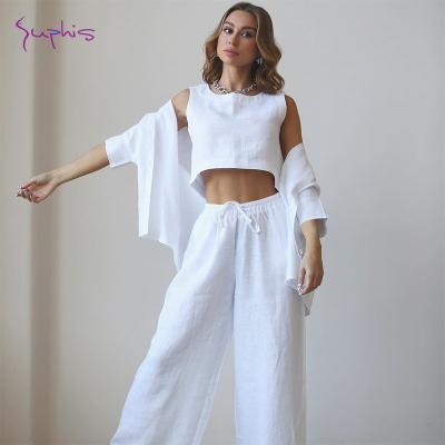 China SUPHIS Solid QUICK DRY QUICK DRY Ride Down Collar Half Sleeve Suit Pants Loose 2022 Female Casual Pajamas Women Cotton Main Sleeveless 3 Piece Set for sale