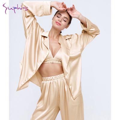 China SUPHIS QUICK DRY QUICK DRY Women Home Wear Pants Sleepwear Lap Down Collar Long Sleeve Pouch Tops Bra 3 Piece Satin Pajamas Set Female Loose for sale