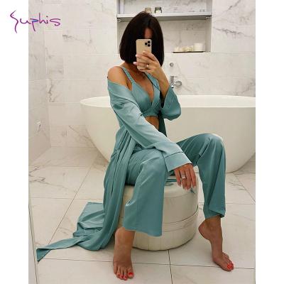 China SUPHIS QUICK DRY QUICK DRY satin nightgown set woman 3 piece sleepwear solid lap down collar women pajama nightgowns lace up pajamas set for sale