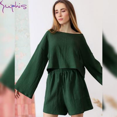 China SUPHIS Breathable 2022 New Solid Women's Breathable Pajamas Long Sleeve Top Sleepwear With High Waist Shorts Home Wear Cotton Two Piece Sets for sale