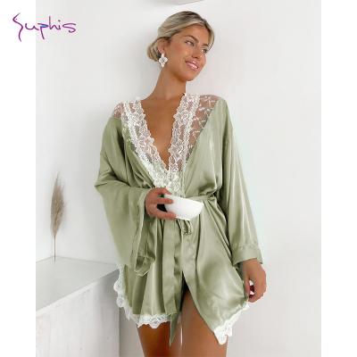 China SUPHIS QUICK DRY Green Nightgowns QUICK DRY Flare Sheath Nightgowns Women Splice Transparent Nightwear Lace Bathrobe Satin Pajamas for sale