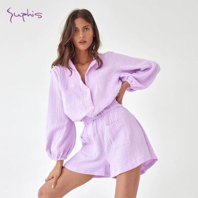 China SUPHIS 2022 New Spring Cotton Homewear Loose Women Shorts Long Sleeve High Waist Casual Female Button Quick Dry Shirt Shorts Playsuits for sale