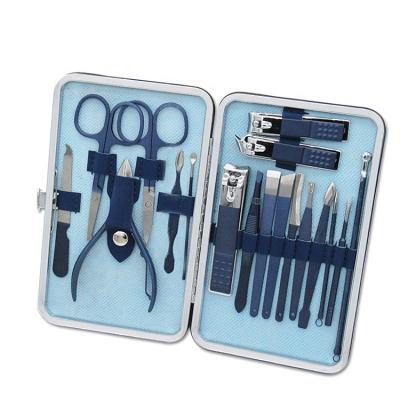 China Realong 18pcs Flexible Custom Made Blue Russian Home Leather Nail Clippers Manicure Pedicure Set Kit for sale