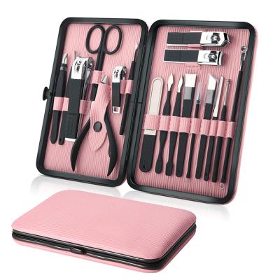 China Realong Flexible OEM Logo 18pcs Custom Women Travel Professional Manicure Set 18 Pcs Manicure Pedicure Kit With Pink Leather Case for sale