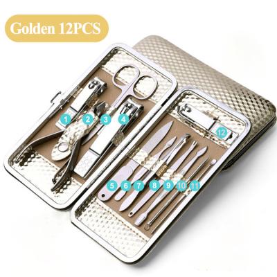 China 12pcs PU Stainless Steel Nail Clippers Flexible Gold Leather Manicure Set for sale