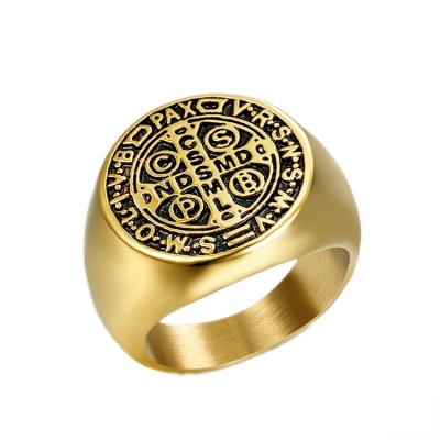 China Stainless Steel Saint Benedict Gold Plated Religious Men's Rings for sale