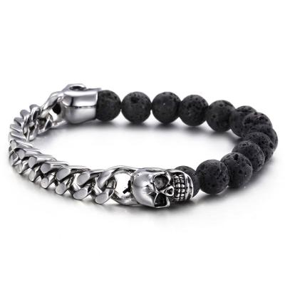 China New Arrival Men's Simple Lava Stone Stainless Steel Skull Bracelet for sale