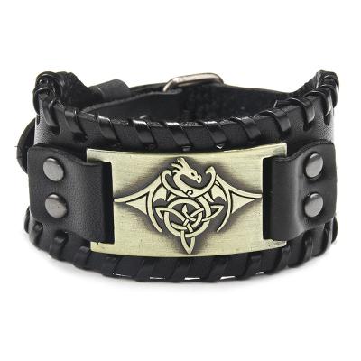 China Vintage Wide Adjustable Men's Vintage Viking Dragon Bracelet Leather Cuff for sale