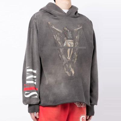 China Custom Anti-wrinkle Men's Pullover Heavy Hoodies Acid Washed Distressed Hoodie Streetwear Printed Vintage Edge Raw Hoodie for sale