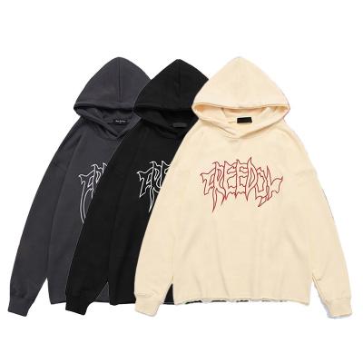 China Custom Logo Pocket Cut Edge Embroidered Pullover Anti-Pilling Raw Trims Hem Men No Strings Edge Oversized Raw Edge Bottom Hoodies for sale