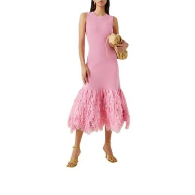 China Fashionable Hot Sale Fringe Dress Breathable Women Appeal Crew Neck Tassel Edge Midi Female Pink Sleeveless Fringed Dresses for sale