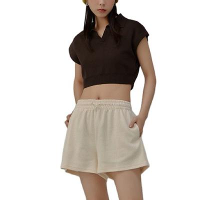 China New Breathable Summer Ride Down Collar T-shirt Women Short Sleeve Cropped T-shirts Girls Street Fashion Female Knitted Crop Top Tee for sale