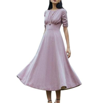 China Breathable Custom Half Sleeve Pleated Round Neck Gathered Ruffle Chest Midi Dress Line One Sleeve Dress Lady Dresses Medium Linen Skirt Women for sale