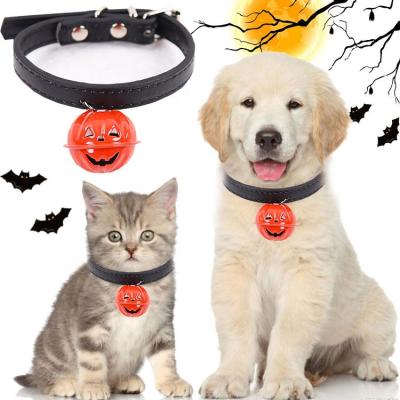 China Light Up 2021 Adjustable Halloween PU Leather Dog Collar With Bell Festival New Products Creative Pet Collar for sale