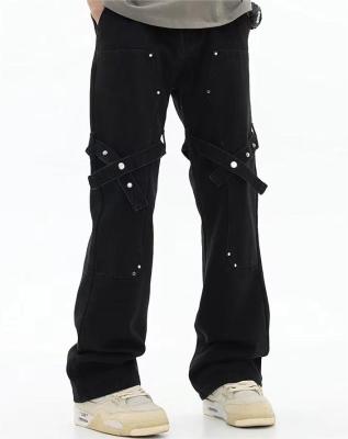 China Breathable OEM Fashion Street Style Strap Rivet Jeans Factory Men Loose Pants Customized Bell Bottom Pants for sale