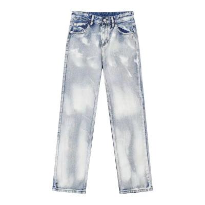 China Custom Mens Breathable Clothing Wide Leg Denim Pants Light Blue Wash Tube Loose Straight Mens Halo Dyed Jeans for sale