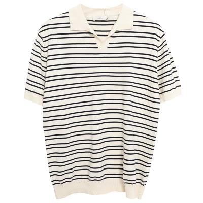 China Anti-wrinkle v-neck ice stripe men's polo shirt men's short sleeve fashion lapel t-shirt men soft simple for sale