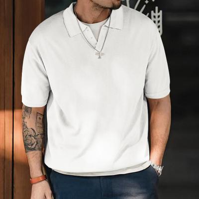 China High-end Anti-wrinkle retro V lag T-shirt male loosely knitted fashion short-sleeved casual v-neck solid color male polo shirt for sale