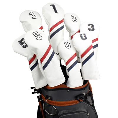 China 4pcs PU Set White PU With Red Blue Stripes Customized Logo Number Golf Head Cover Sport Accessories Wood Cover for sale