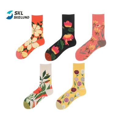 China 2021 QUICK DRY Crew Calf Tube Crew Socks Cotton Flower Cute Happy Women Men Unisex Dress Mid Socks Patterned Custom Made for sale