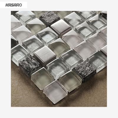 China White Parquet And Gray Glass Mix Stone And Stainless Steel Mosaic Mix Material Slab for sale