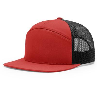 China Custom Cotton Canvas Flat Brim 7 Panels Plain Sport Snapback Caps Mesh Trucker Hats for sale