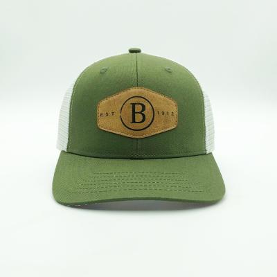 China Custom Cotton 6 Panel Cap Leather Patch Logo Trucker Hat for sale