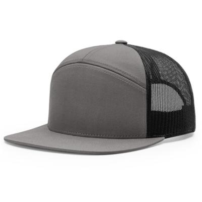 China Cotton 7 Panel Mesh Hat Custom Woven Patch Logo Snap Back Mesh Cap for sale