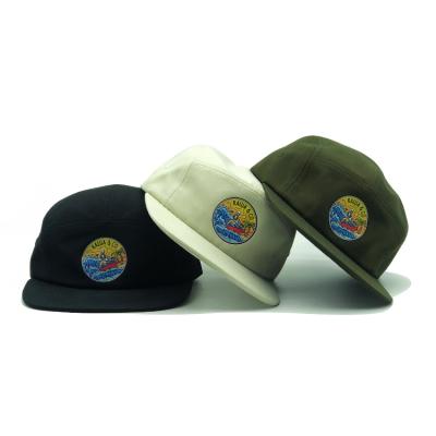 China Custom recycled Printed Logo Flat Brim Camp Running Hat Lightweight Premium 5 Panel Nylon Cap for sale