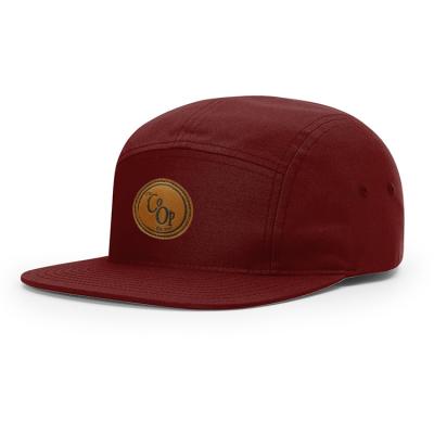 China Custom Cotton 5 Panel Cap Unstructured Flat Bill Leather Patch Snapback Hat for sale