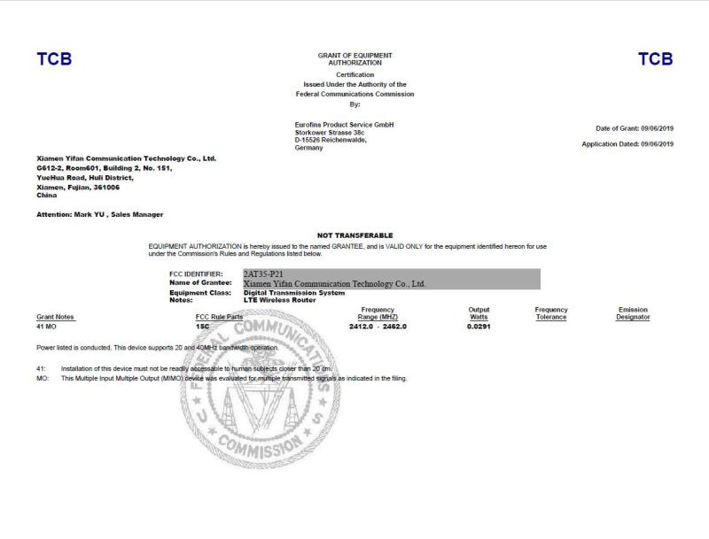 FCC - Xiamen Yifan Communication Technology Co., Ltd.