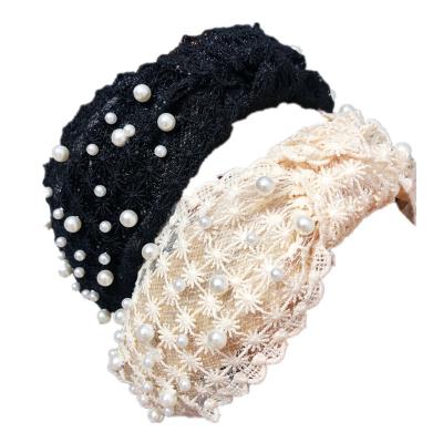 China Fashion wholesale hot selling high quality pearl lace headband popular hair band women customized logo for sale