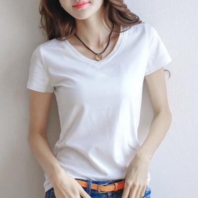 China Wholesale QUICK DRY T-shirt 100% black short-sleeved V-neck and round-neck shirt solid color women's thin cotton push-up c for sale