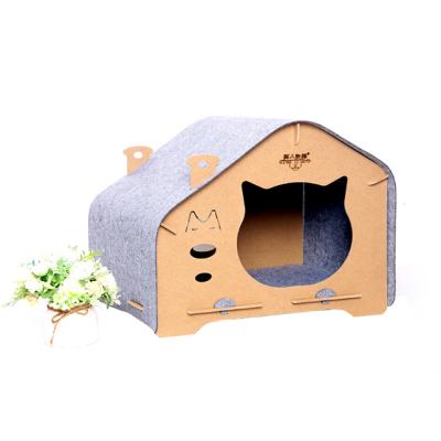 China Breathable Luxury Detachable Cat House Creative Pet Room Folding Wooden Felt Cat Scratcher for sale