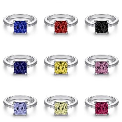 China Simple Romantic Princess Cut Prong Setting Rhodium Plated Thick Gold Plated 18K Silver Promise Ring for sale