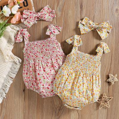 China Spandex/Cotton Floral Print Ruffle Overalls Casual Sleeveless Romper + Headband Set Babies 2pcs Summer Dress Outfits for sale