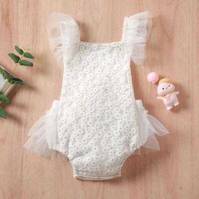 China 2022 Summer New Product Spandex/Cotton Babies Rompers Lace Up Mesh Fly Sleeve Daisy Pattern Backless Overalls for sale