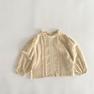 China 2022 New Arrivals Girls Cotton Blouses Breathable Kids Sleeve Long Cotton Shirts Swiss Round Neck Ruffle Tops Tees for sale