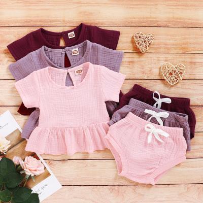 China Breathable Newborn Baby Toddler Kids Girls Simple Short Clothes Set Solid Tops Ruffled PP Shorts Casual Outfits for sale