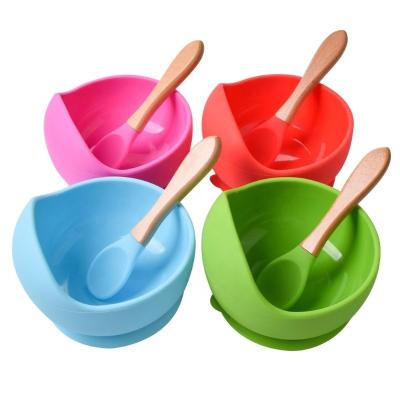 China Direct Selling Food Baby Bowl Spoon Silicone Tableware Children's Silicone Spoon With Wooden Handle Children's Sucker Bowl for sale