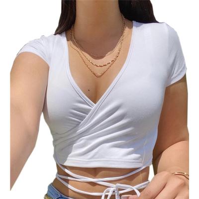 China The other solid color fashion new European and American border women's small v-neck sexy short open umbilical strap sleeve T-shirt for sale