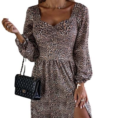 China Amazon Autumn/Winter Sustainable Independent Warm Long Sleeve V-neck Split Print Dress Women Wear for sale