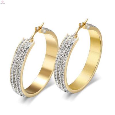 China Ladies Big Round Clear Crystal Stud Earrings, Gold Diamond Circle Huggie Earrings for sale