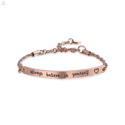 China TRENDY Rose Gold Stainless Steel Engraved Bar Always Believe Yourself Bracelet for sale