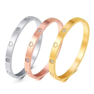 China TRENDY Hot Sale Bracelets Jewelry Women Custom Heart Engraved Shape Rose Gold Silver Plated Stainless Steel Crystal Bangle Bracelet for sale